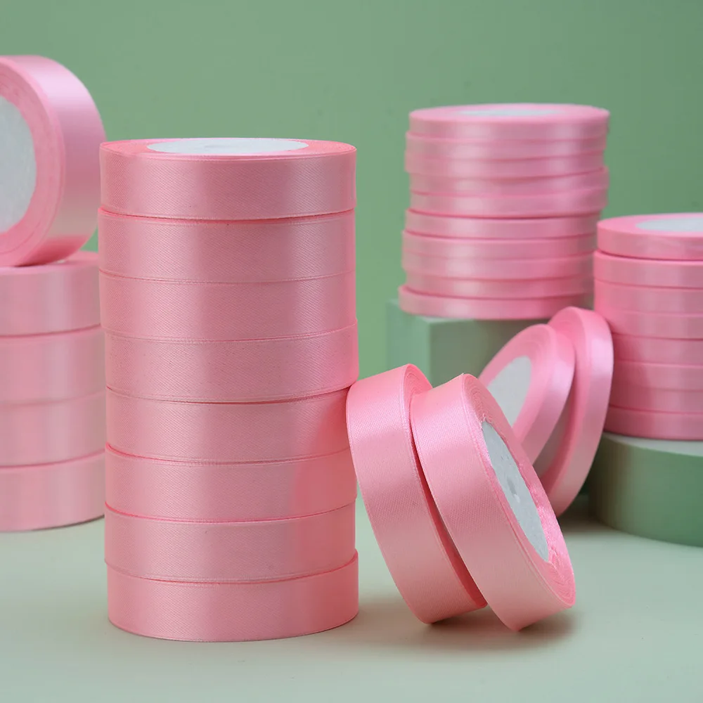 custom Pink Ribbon Polyester 0.6cm 25mm 25yard Single Sided Wedding Decoration Gift Ribbons roll