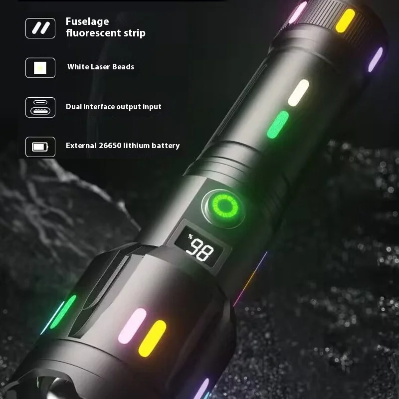 Multifunctional Outdoor White Laser Flashlight Strong Light Zoom Long Battery Life Digital Display Hand-held Fluorescent LED