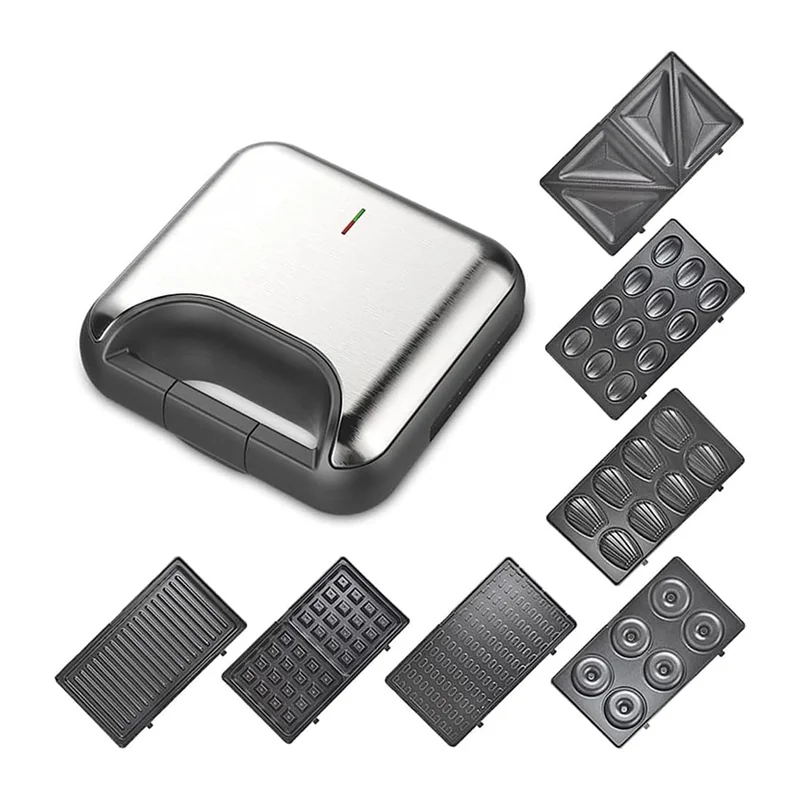 7-in-1 Sandwich Maker with Stainless Steel Panel Detachable 7 Kinds Non-Stick Baking Plate Waffle Donut Pancake Mini Cake Panini