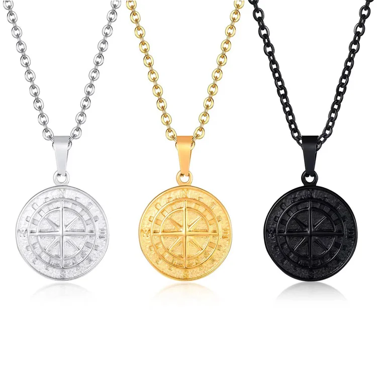 Fashion trendy gold plated men accessories coin jewelry north star compass pendants necklace stainless steel pendant