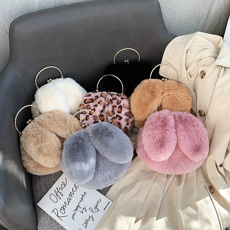 2019 new fashion plush rabbit chain ears creative personality wild single shoulder slung small round bag