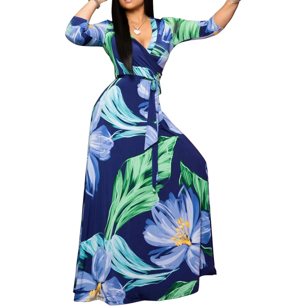 OEM Women Plus Size Fashion Crew Neck Chic Elegant Party Comfortable Vacation Evening Dress Club Flower Floral Long Maxi Dresses