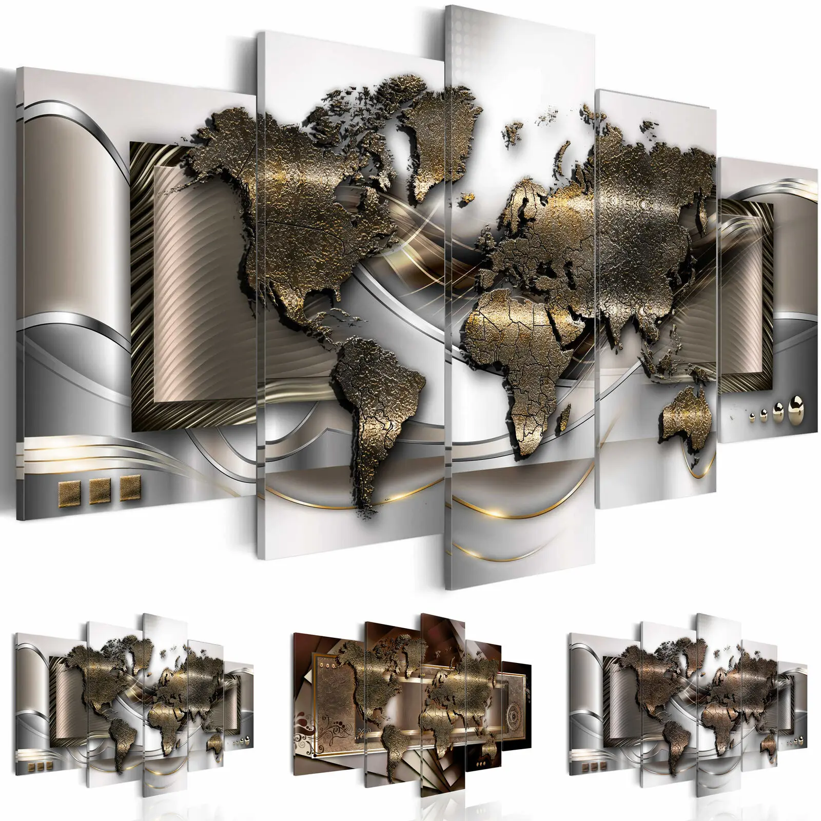 Modern Large Silver World Map Printed Canvas Painting for Office Living Room Bedroom Wall Art Decor