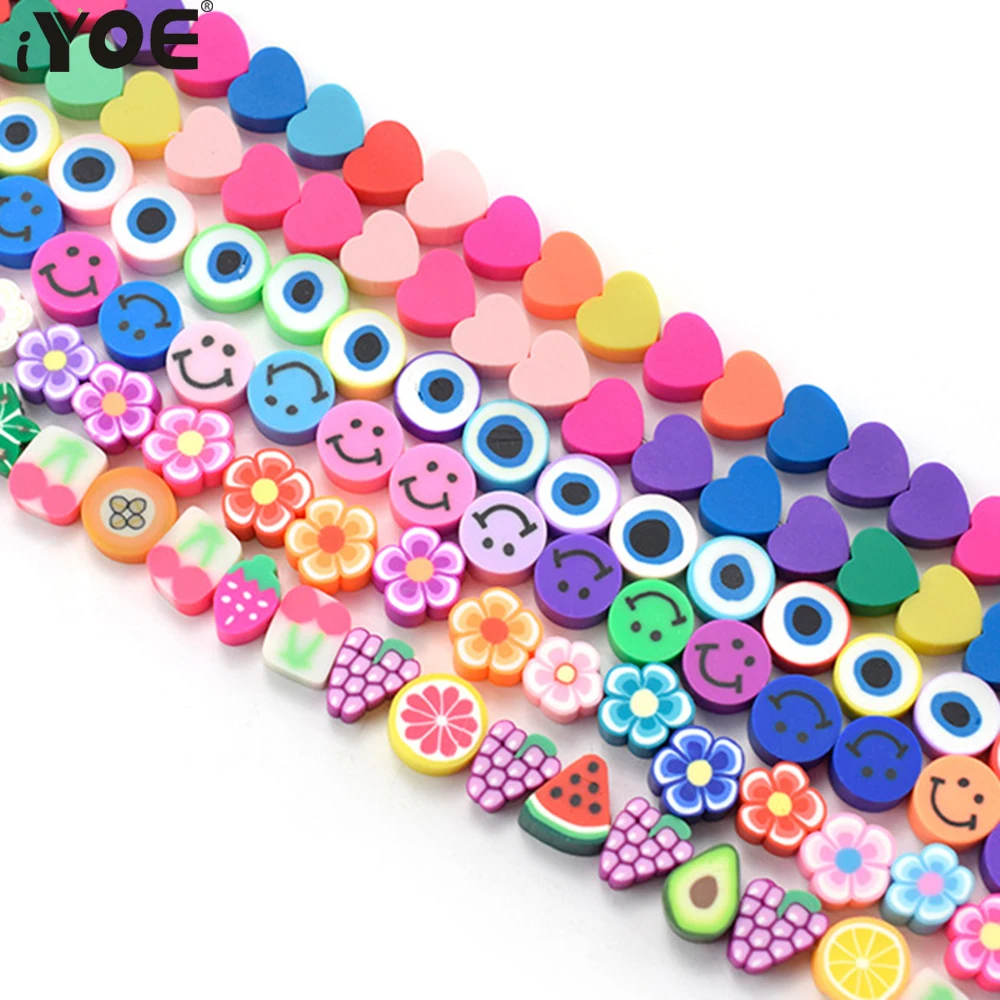 IYOE 50PCS Fruit Animal Polymer Clay Beads Heart  Star Eye Butterfly Spacer Clay Beads for Jewelry Making Bracelet Earring