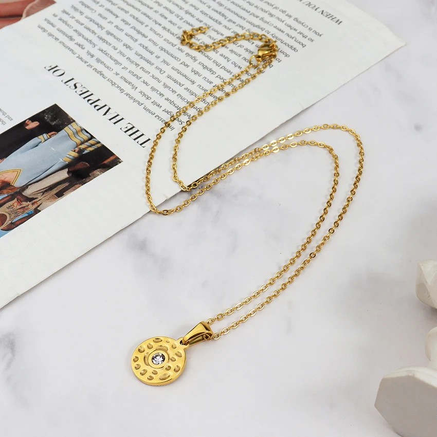 Vintage Jewelry Unique Crystal Gold Sunburst Coin Pendant Necklace Stainless Steel Double Side Cz Hammered Texture Necklace