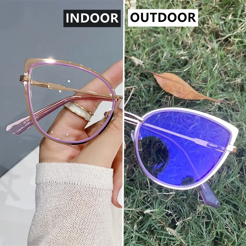 women anti blue light cateye spring hinge metal black green lunett photogray antireflet 2024 optical photochromic glasses woman