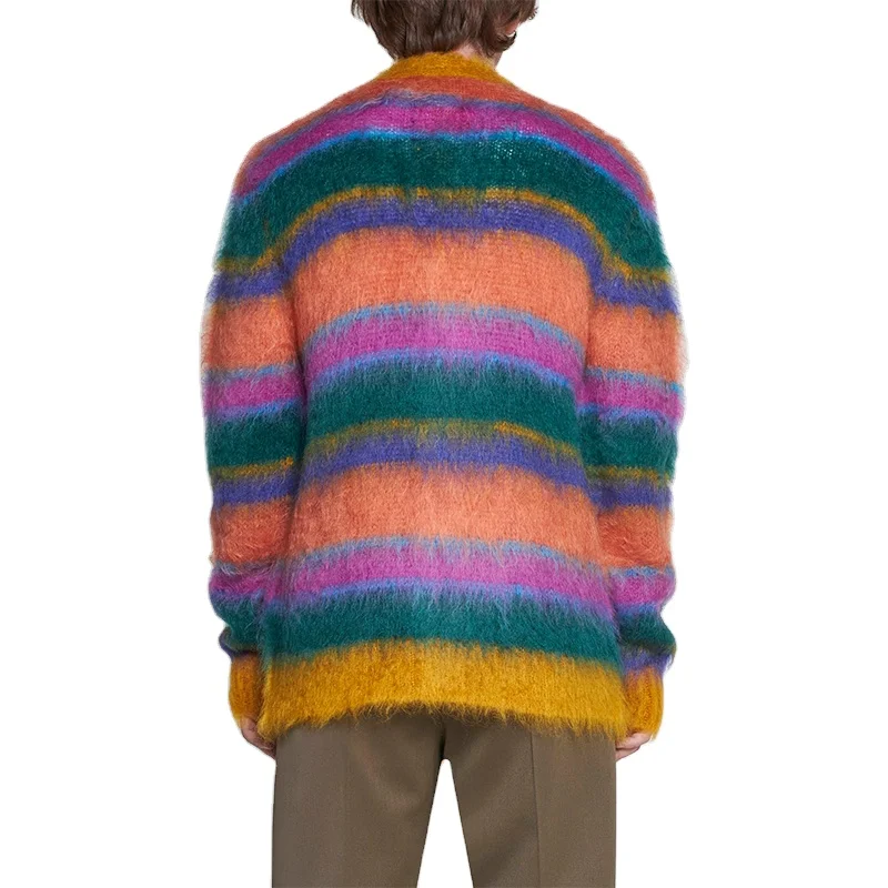 2023 Custom OEM & ODM mohair men sweater Fuzzy designer knitwear winter Striped mohair knitted custom Cardigan knit sweater men