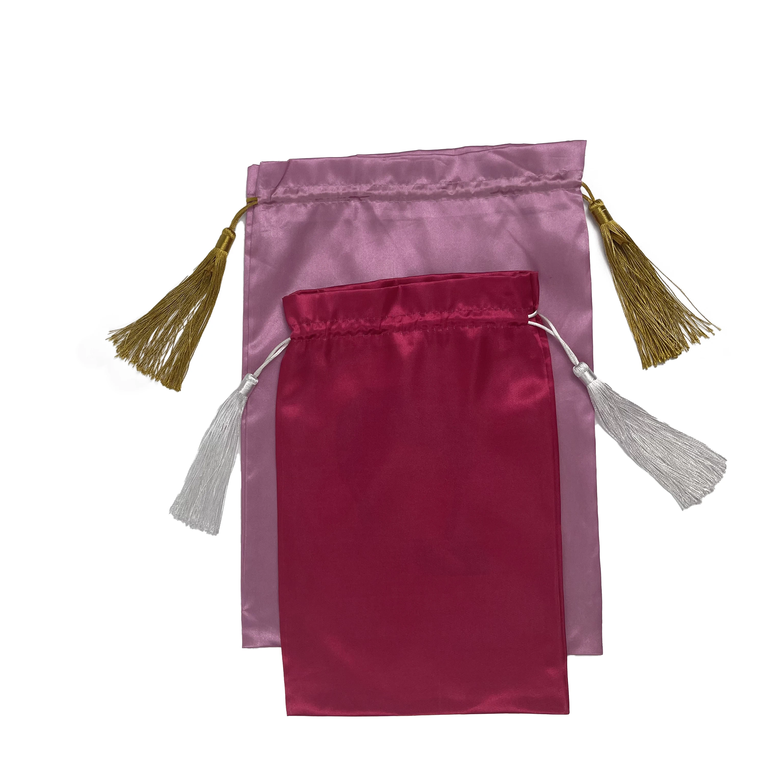 Custom Woven  logo silk tassel satin bag extension packaging satin gift bag for wig bundles