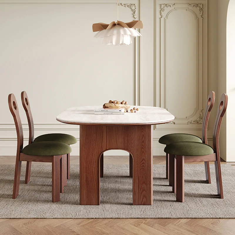 Modern french Vintage Arch Oval Wooden Cave Dining Table Set 6 Seater Retro Walnut restaurant eating chair dining room furniture