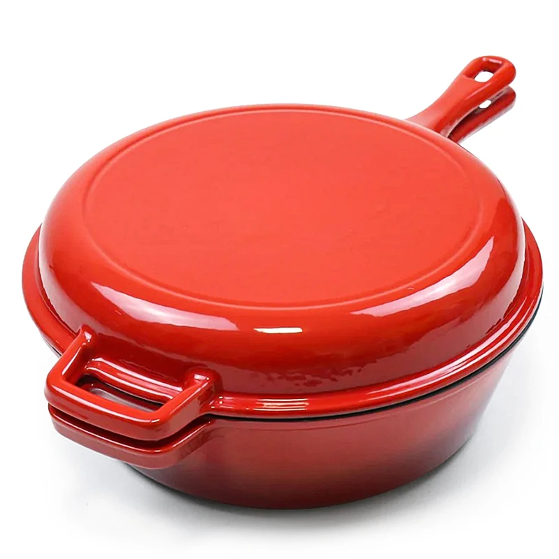 2 In 1 Enameled Cast Iron Cooking Pot Dutch Oven Enamel Non-stick Cast Iron Cookware Set with Long Handle