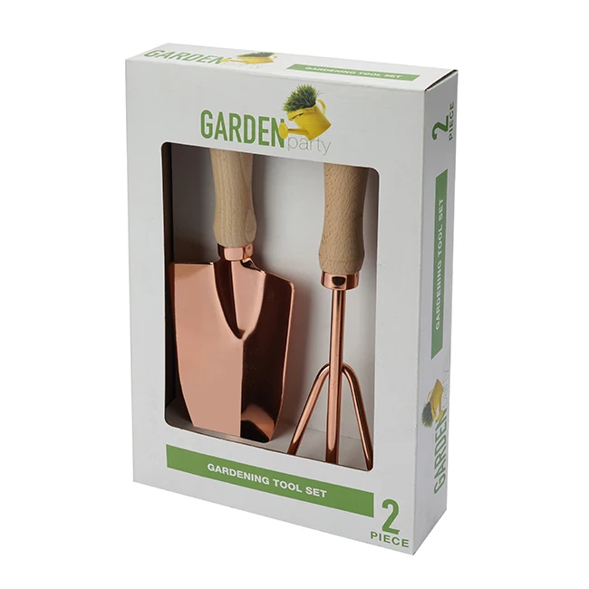 Custom Rose Gold 2pcs Garden Hand Iron Equipment Digging Tools Shovel Leaf Rake Claws Sets with Wooden Handle