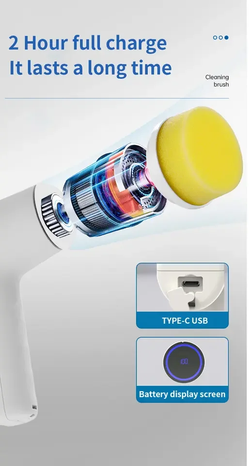 Short hand IPX7 level waterproof cordless electric brush with battery display screen wireless electric spin scrubber