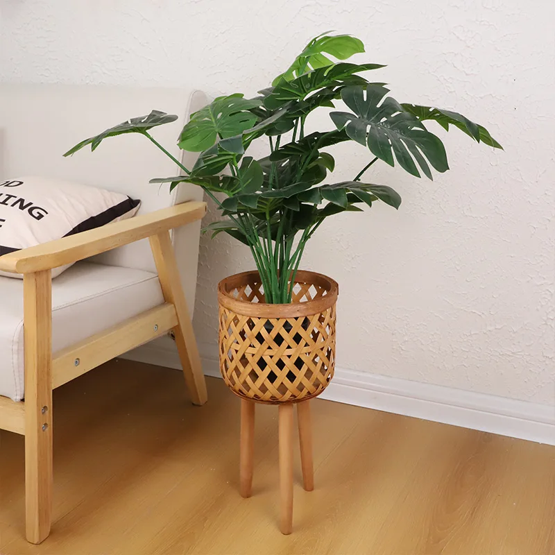 Hot deal natural bamboo baskets with stand wood legs woven bamboo planter pot with legs