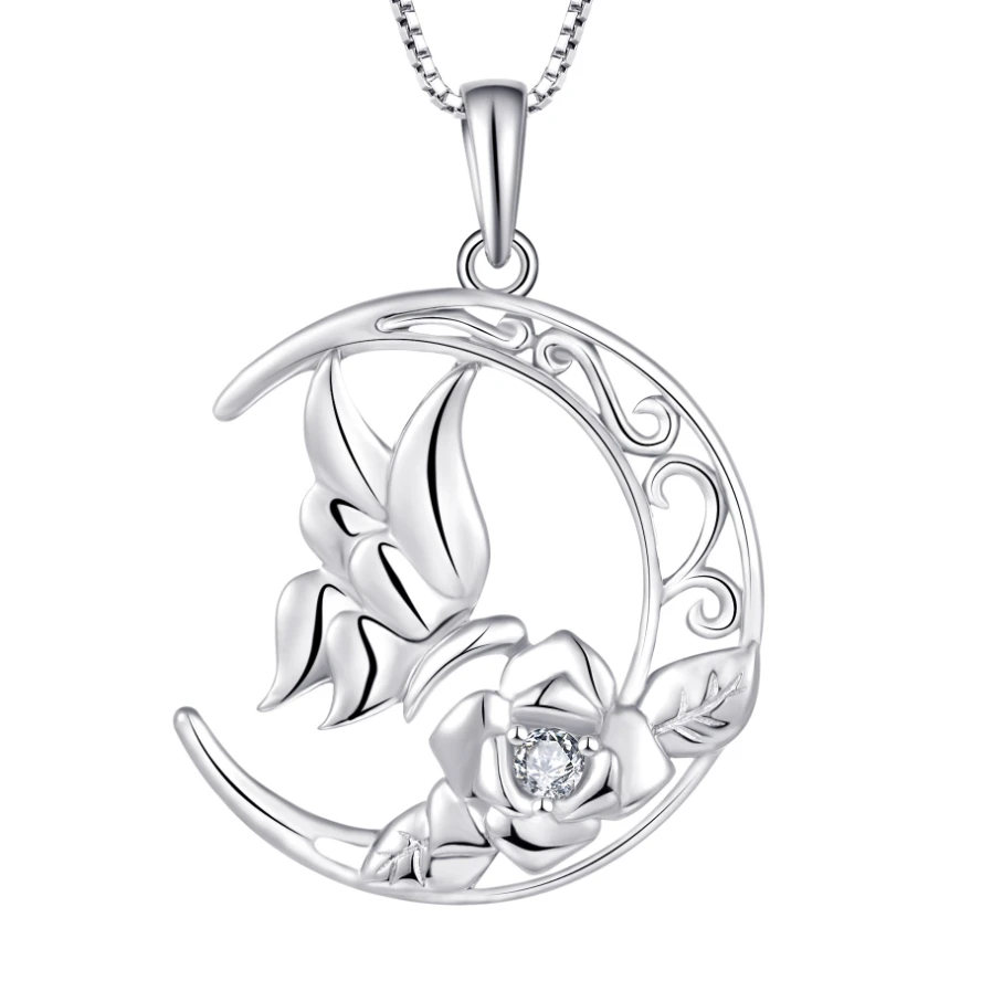 High Quality 925 Sterling Silver Butterfly and Rose Moon Pendant Necklace Rhodium Plated CZ Butterfly Pendant Wholesale