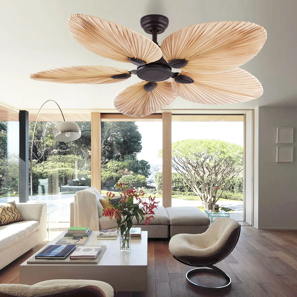 Hot Selling Manufacturers 52 Inch 220v Power AC DC Palm Leaf Led Ceiling Fan Light