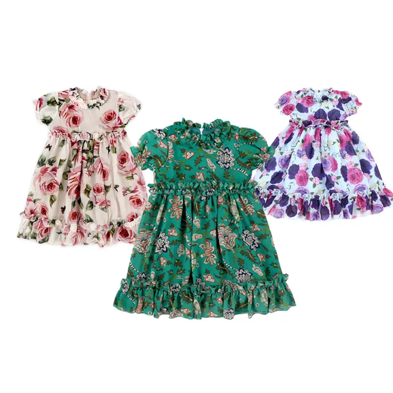 New  Arrival Princess Casual Summer Floral Tulle Kid Baby Girl Flower Puff Sleeve Wedding Party Pageant Children Sundress