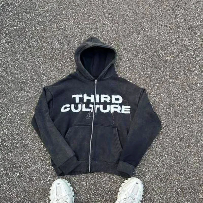 Acid Wash Vintage Zipper Hoodies Sweatsuit Jogger Set Custom Applique Embroidery Patches Oversized Flared Sweatpants Tracksuits