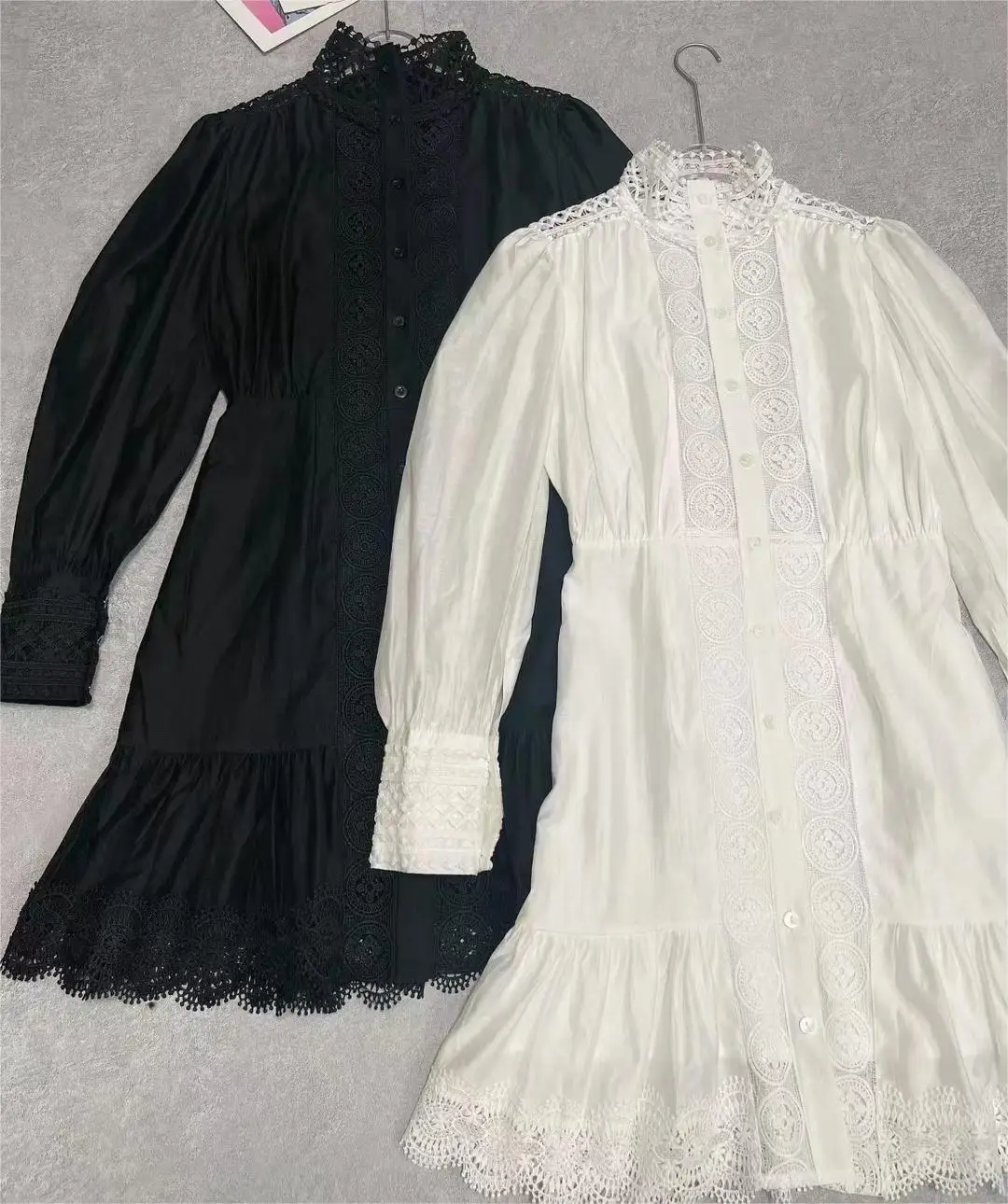 French Elegant Simple Embroidery Style 2024 Summer New Style Stand-up Collar Lantern Sleeve High Waist Short Ruffle Dress