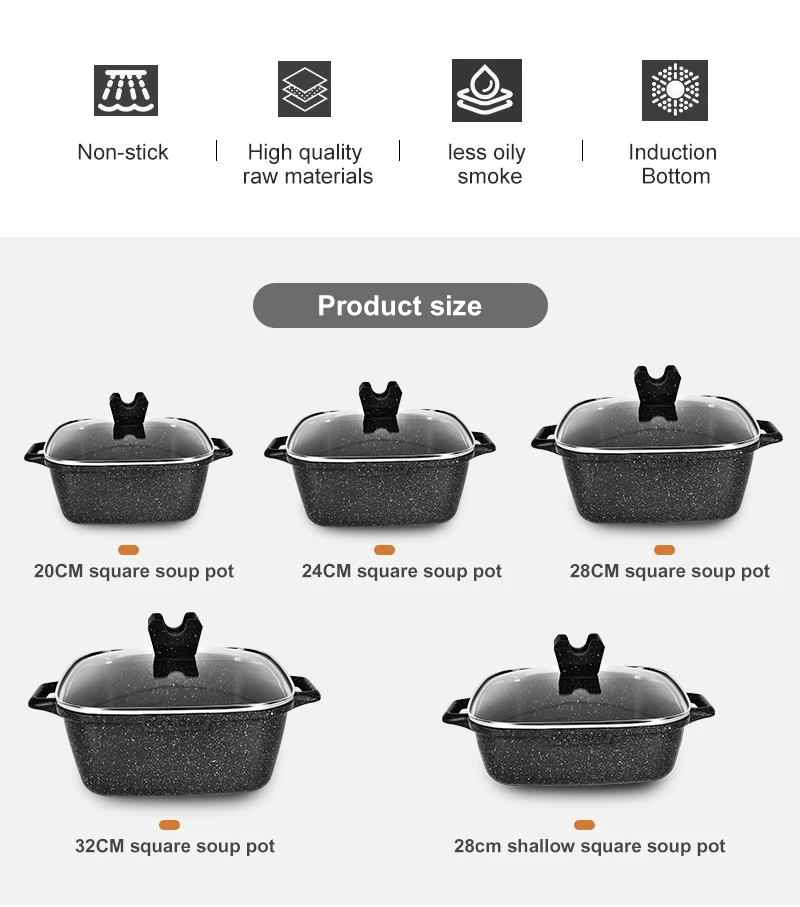 Factory Hot Selling High quality China non stick induction  square soup pot set cooking tools kitchenware set
