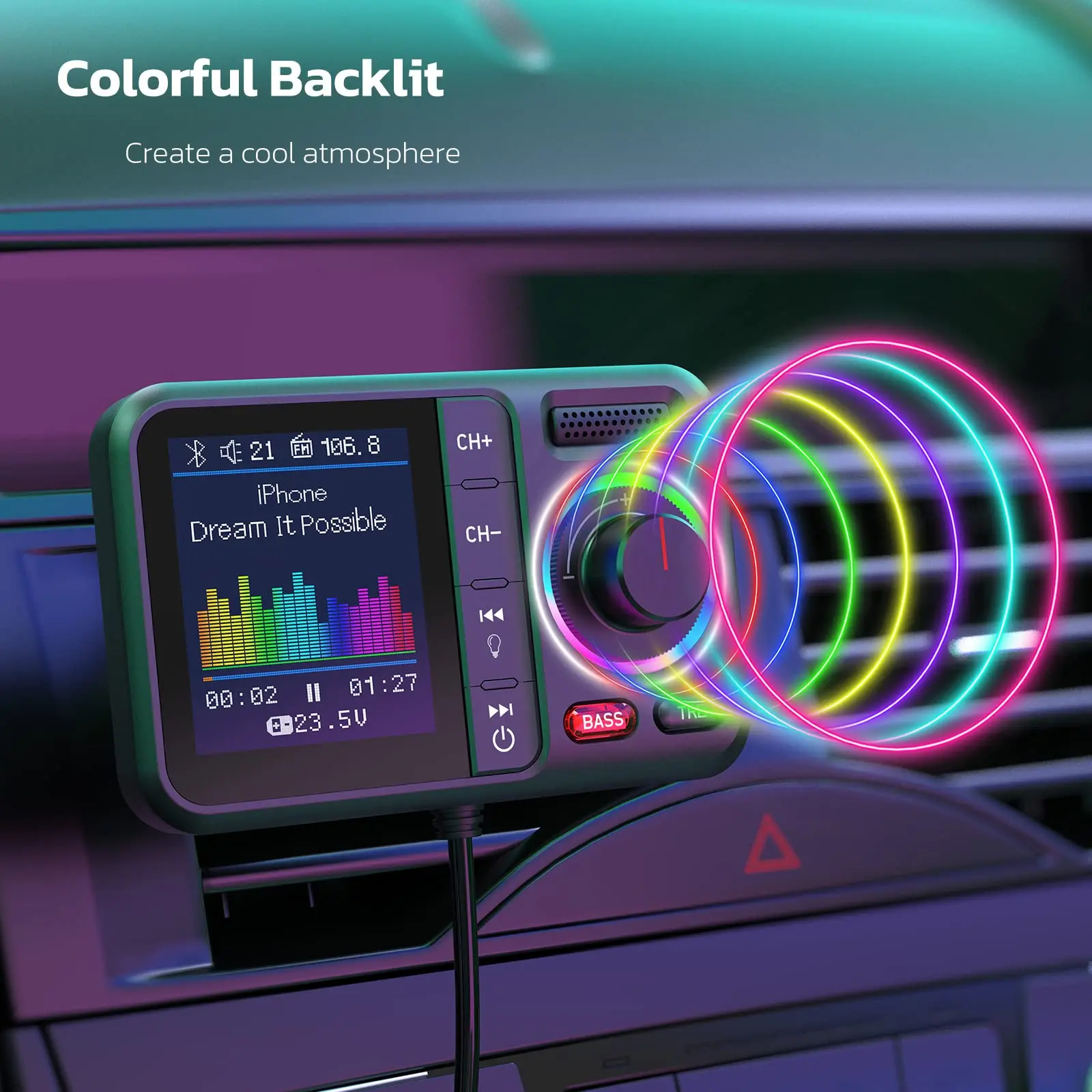 BT98 Wireless Car Bluetooth Adapter V5.0 with Big Color Screen AUX TF Card MP3 Music Player with Bass Treble Car FM Transmitter