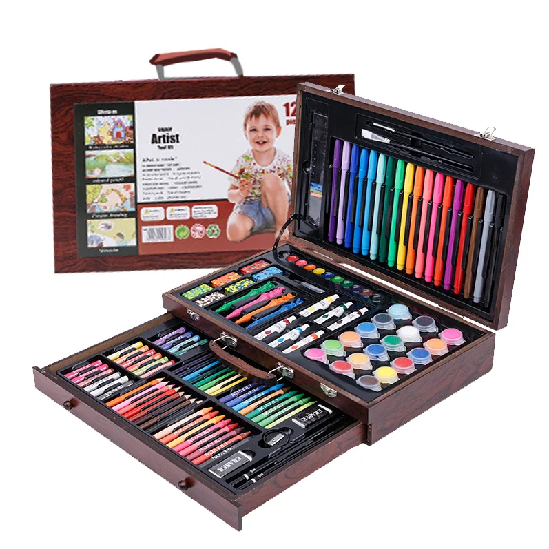 123pcs Watercolor Wooden Box with Oil Pastels Crayons Colored Pencils  Non-Toxic Markers Pen Colour Pencil Children Drawing Set