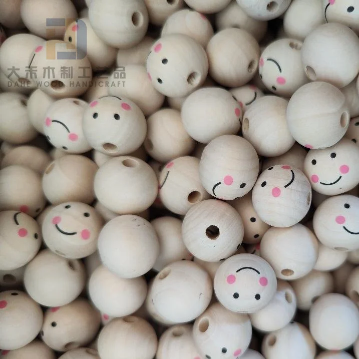Printed 20mm Smiling Face Ball Wooden Beads Custom Smile Wood Beads with Smiley Face for DIY Bracelet Necklace Making