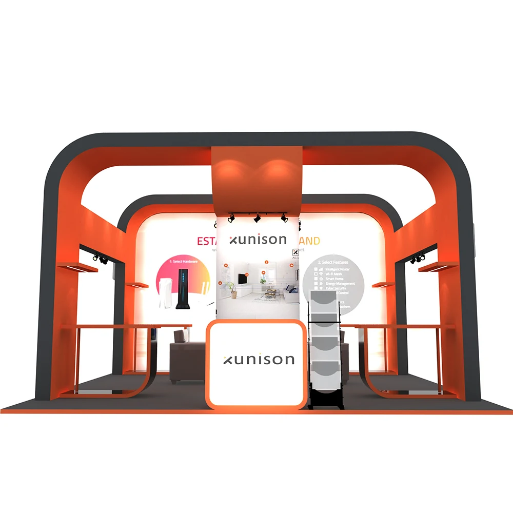 Detian offer Island 4 sides open exhibition stand trade show expo booth 6 meters by 6 meters booth design