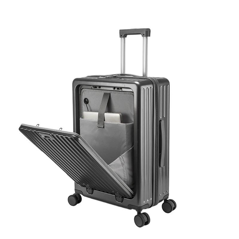 Unisex Multifunctional Front Open Pocket Suitcase with Spinner Caster Mug and Mobile Phone Holder