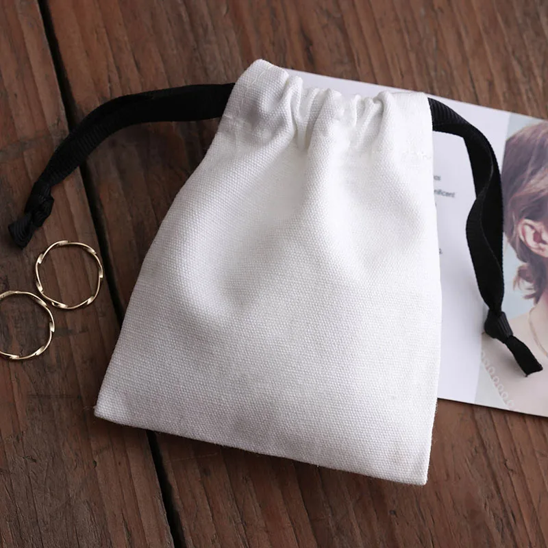 Custom Small Cotton Canvas Drawstring Jewellery Pouch Bag With Logo Print