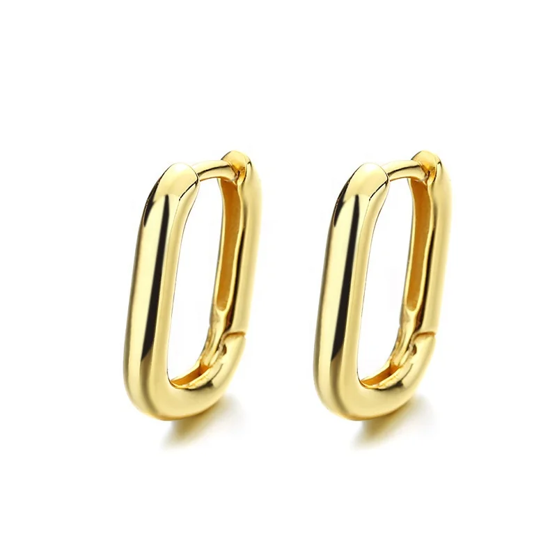Solid 925 Silver Rectangle U Hoop Stud Earrings Wholesale 18K Gold Plated Sterling Silver Needle Post Vintage Earring Women