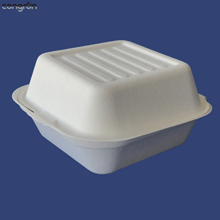 9 inch clamshell food take-out box sugarcane bagasse disposable biodegradable fast food packaging take away  box for kids snack
