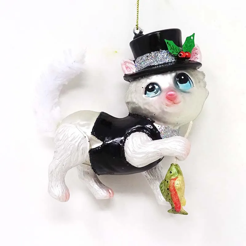 Factory wholesale top quality christmas glass baubles elegant dress black cat with fish pendant