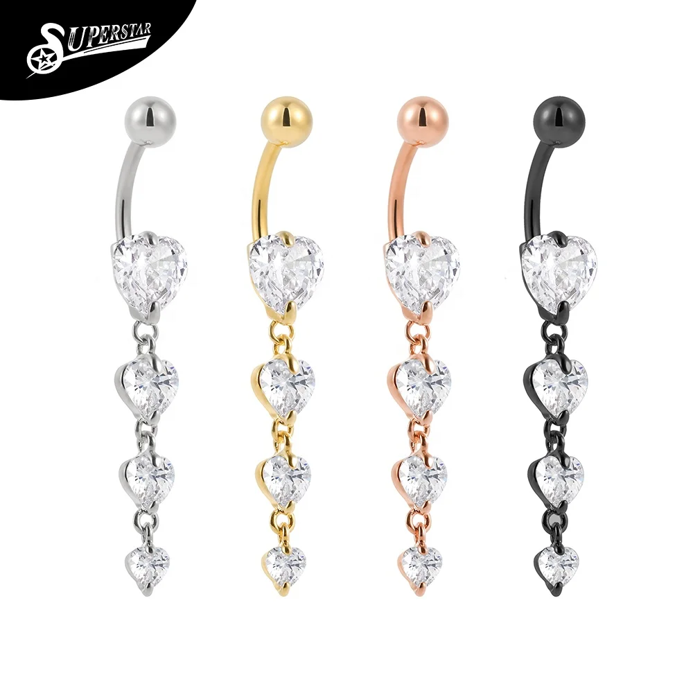 Superstar custom 316L stainless steel pendant belly button ring 4 white heart shaped zircon PVD navel body piercing jewelry