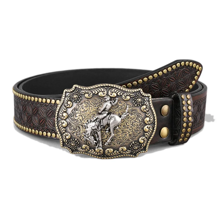 EMBOSSED WESTERN LEATHER BELT COWBOY RODEO CASUAL LEATHER BELT FLORAL EMBOSSING HORSE DESIGN BUCKLE BELT