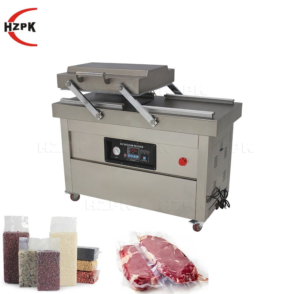 hzpk dz 400 500 600 semi automatic meat food plastic brick bag heat sealing pump double chamber vacuum sealer packing machine