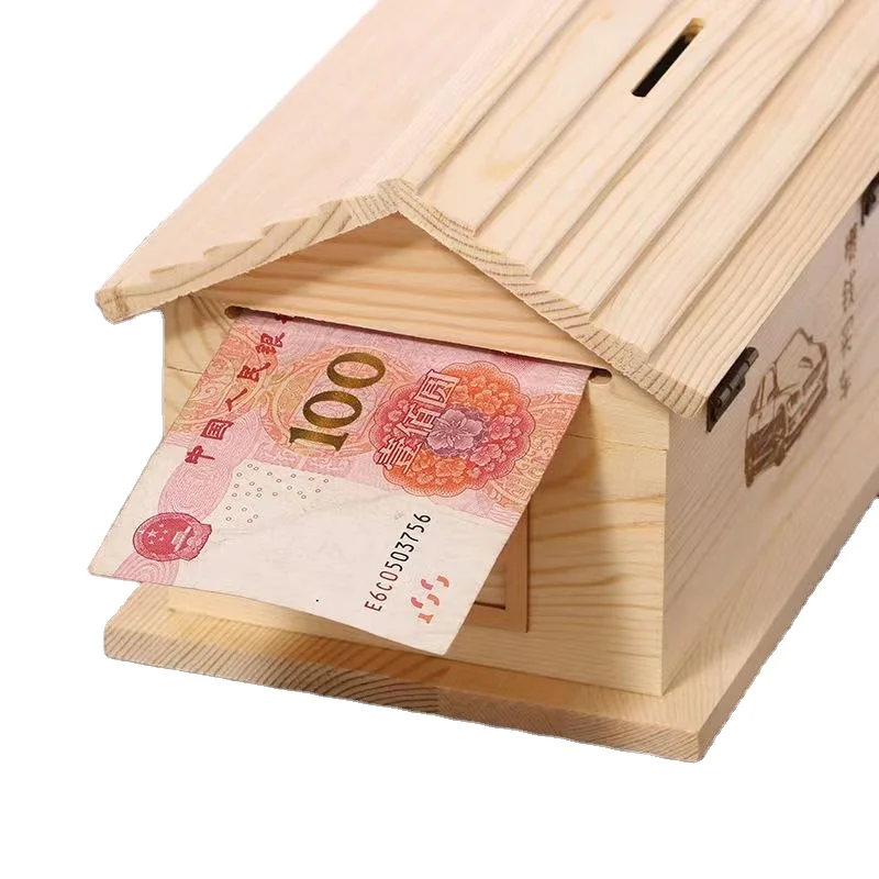 house Shaped Money Storage Box Wholesale Wooden Piggy Bank Lock  house shape    save money