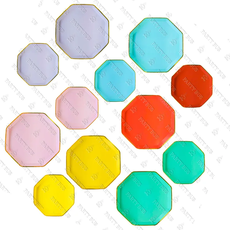 Partybus China Trade Gold Rimmed Octagonal Biodegradable Disposable Paper Plates Kits