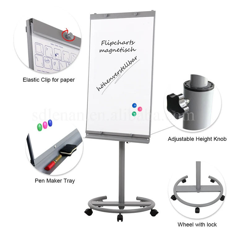 Office & school supplies mobile white board flipchart easel height adjustable magnetic whiteboard flip chart stand with wheels