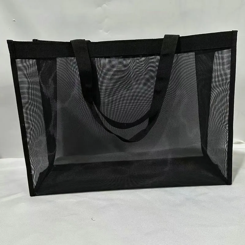 Black Large Capacity Foldable Recycled Pool Bags Swim Beach Bag Mesh Tote Bag Handbag for Toys, Towel
