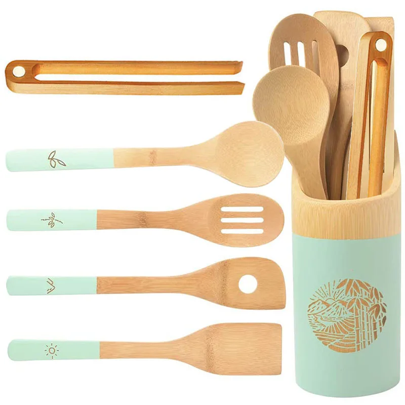 Wholesale Bamboo Utensils Set Spray Paint Sculpture Non-stick Cooking Spoon Spatula Kitchen Utensils