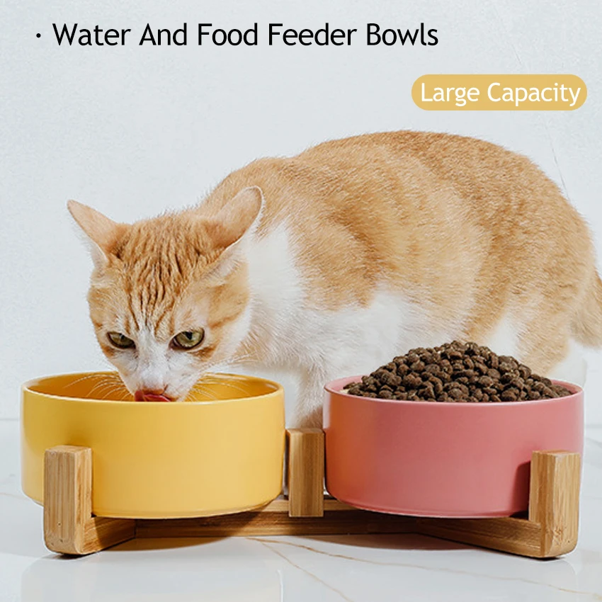 Easy Cleaning Luxury Ceramic Elevated Pet Bowl with Wood Stand One or Two Bowls Raised On Frame for Cat Food Feeder