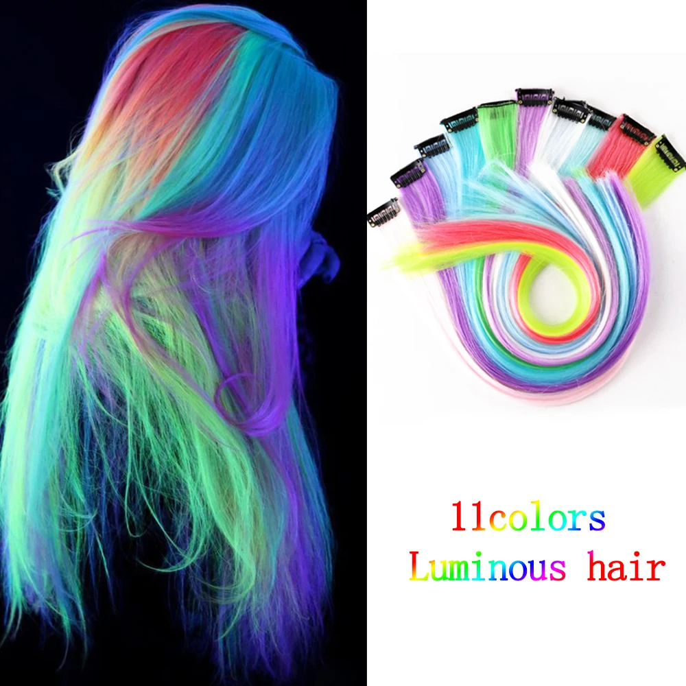 Highlight Glowing in Dark Hair Extensions Colorful Luminous Hair Straight Synthetic Hairpiece Clip in Braiding Hair