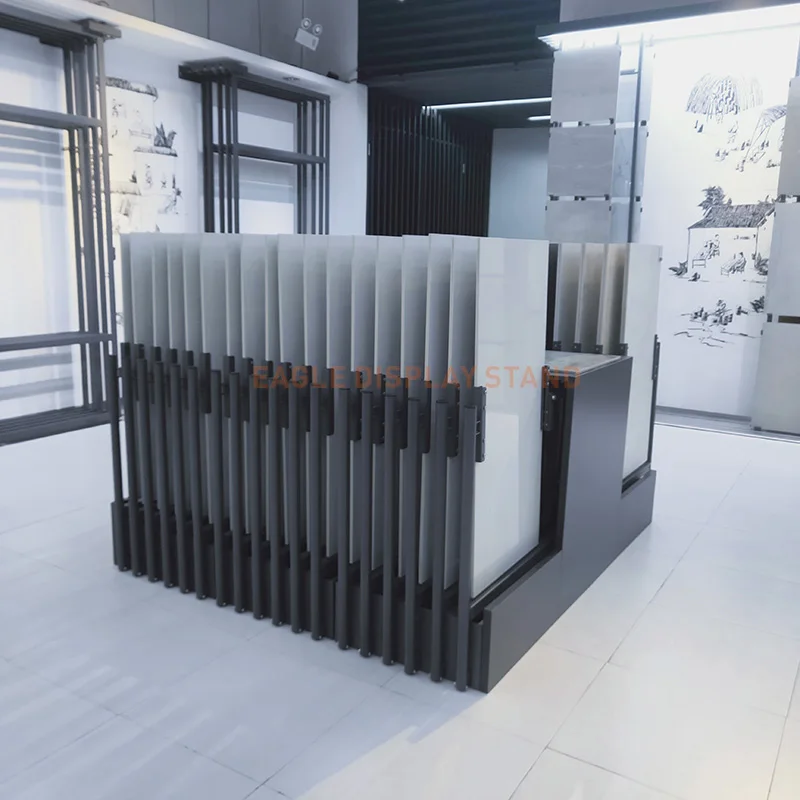 Custom free rotating and smooth sliding showroom marble granite stone slab display stand for stone trade show