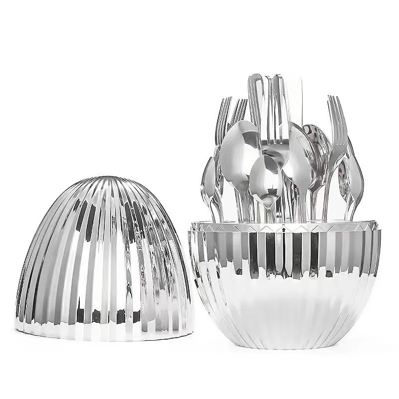 Western Tableware Set 24-Piece 24pcs Gold Silver Egg-Shaped Stainless Steel Flatware Premium Cutlery for