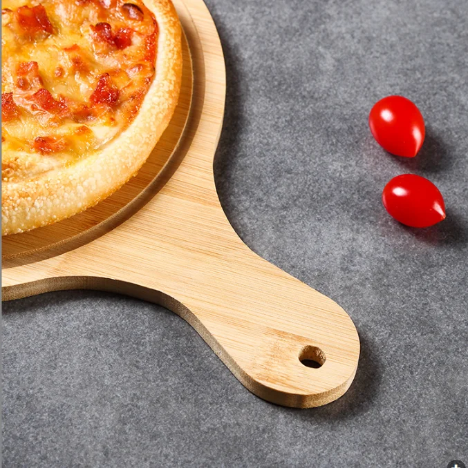 Bamboo round handle pizza food holder and cutting board