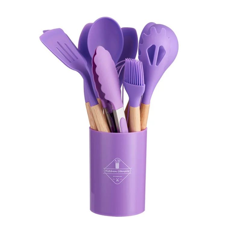 Wooden Handle Kitchen AccessoriesTool Food Grade 12  In 1 Set Kitchen cookware Utensils Silicone Kitchenware Set