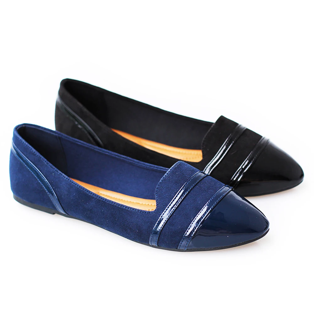 The women popular outdoor sharp toe patent stripe microfiber upper soft Pu insole flat ballet shoes