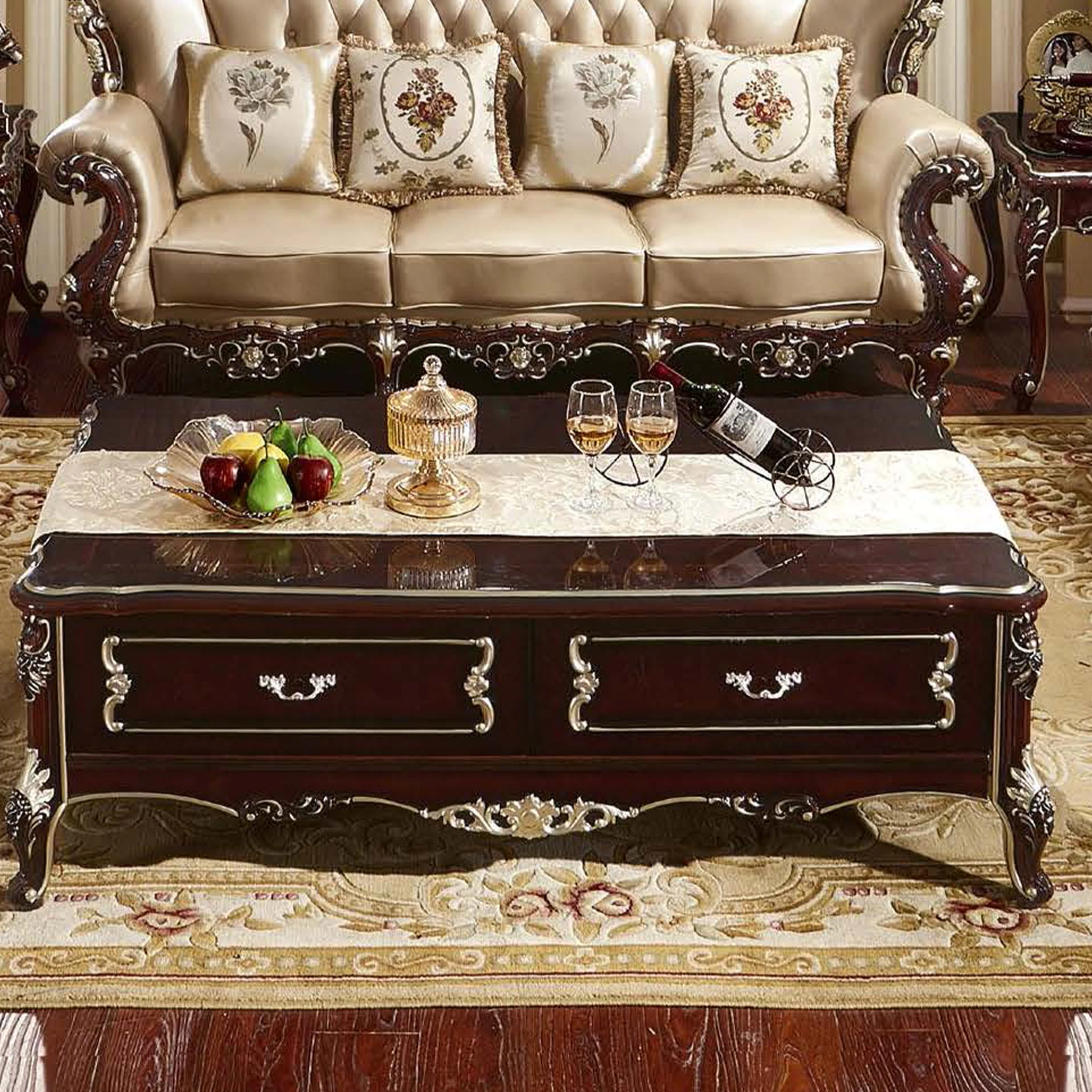 European luxury classic living room tea table furniture French full solid wood frame storage cabine coffee table wth 2 drawer