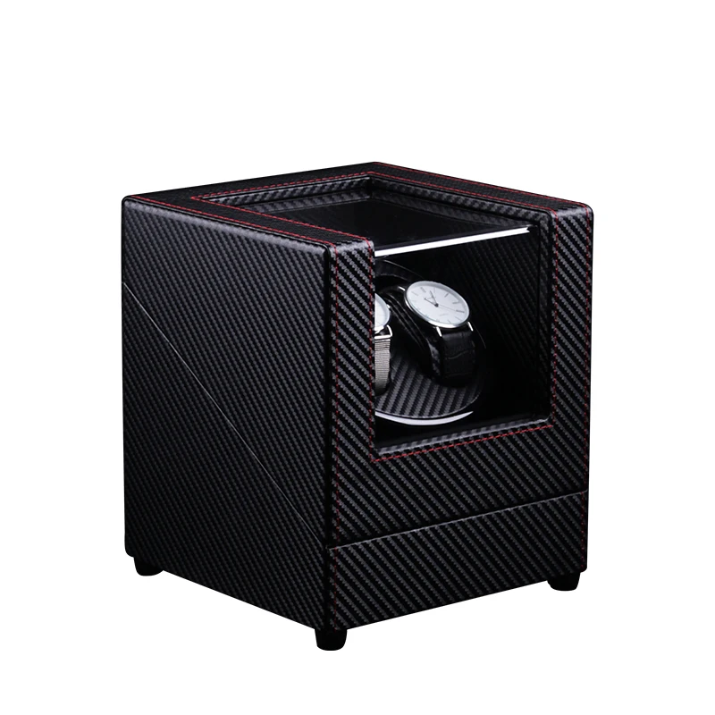 Black carbon fiber PU leather 2 slot automatic mechanical electronic shaker watch winding shaker motor box