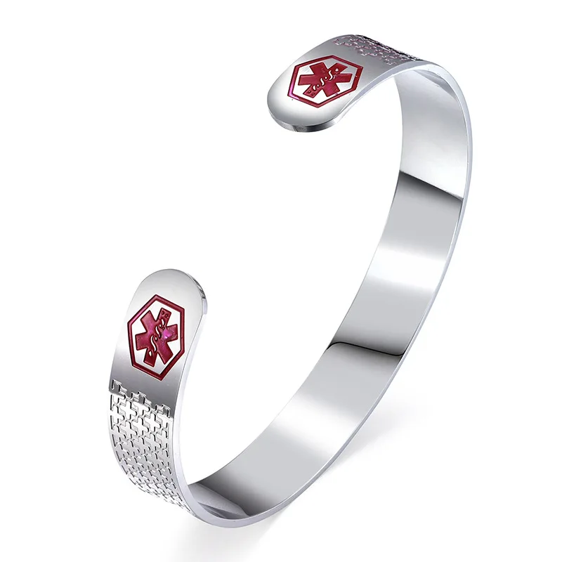 Fashion Promotional custom stainless steel metal silver bangle red enamel medical sign debossed logo cuff bracelets for men